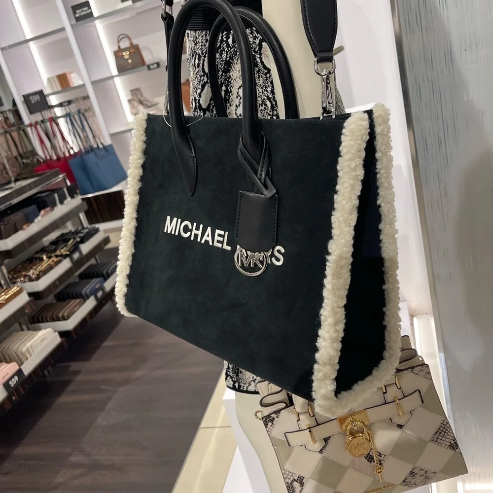 MICHAEL KORS Mirella Medium Suede and Faux Shearling Tote Bag Black  NWT